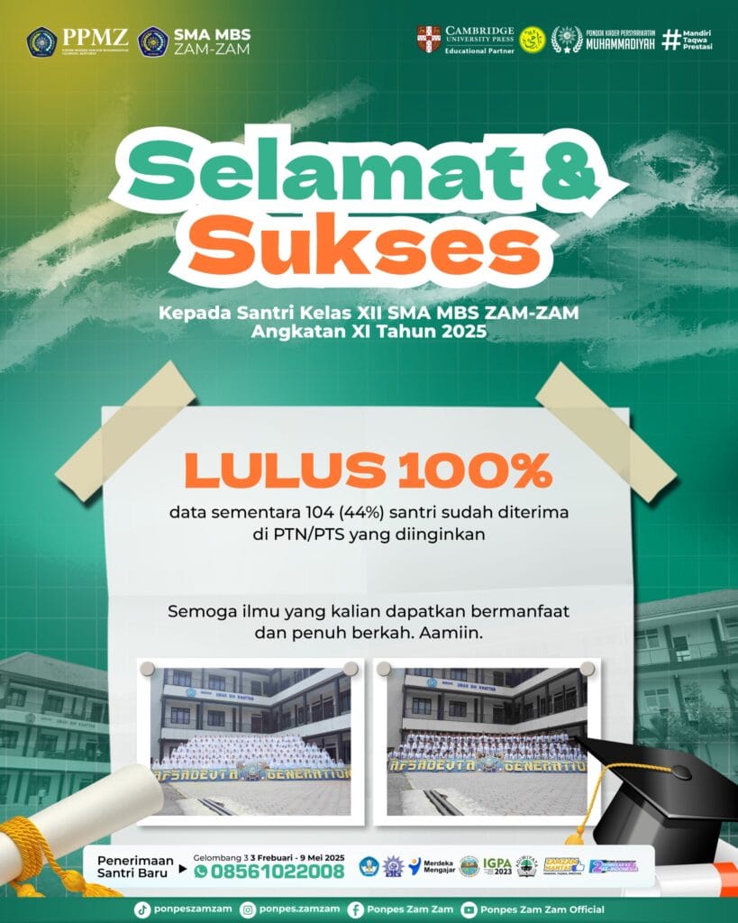 SANTRI KELAS 12 SMA MBS ZAM-ZAM LULUS SEMUA, 44 PROSEN SUDAH DITERIMA DI PTN/ PTS IDAMAN